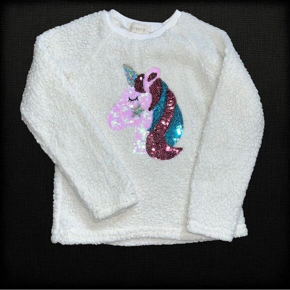 Girls “between” Fuzzy Sequins Unicorn Sweater Size 8 - Picture 1 of 6